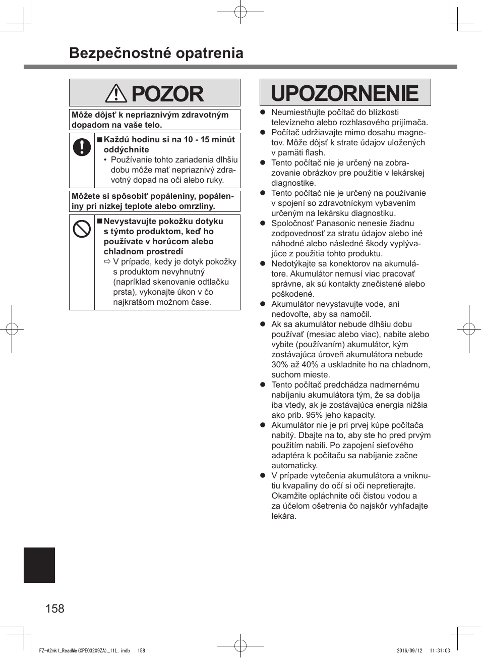 Pozor, Upozornenie, Bezpečnostné opatrenia | Panasonic Toughpad FZ-A2 User Manual | Page 158 / 172