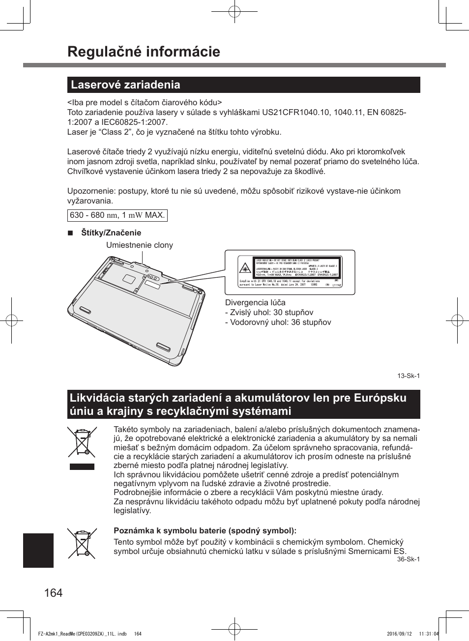 Regulačné informácie, Laserové zariadenia | Panasonic Toughpad FZ-A2 User Manual | Page 164 / 172