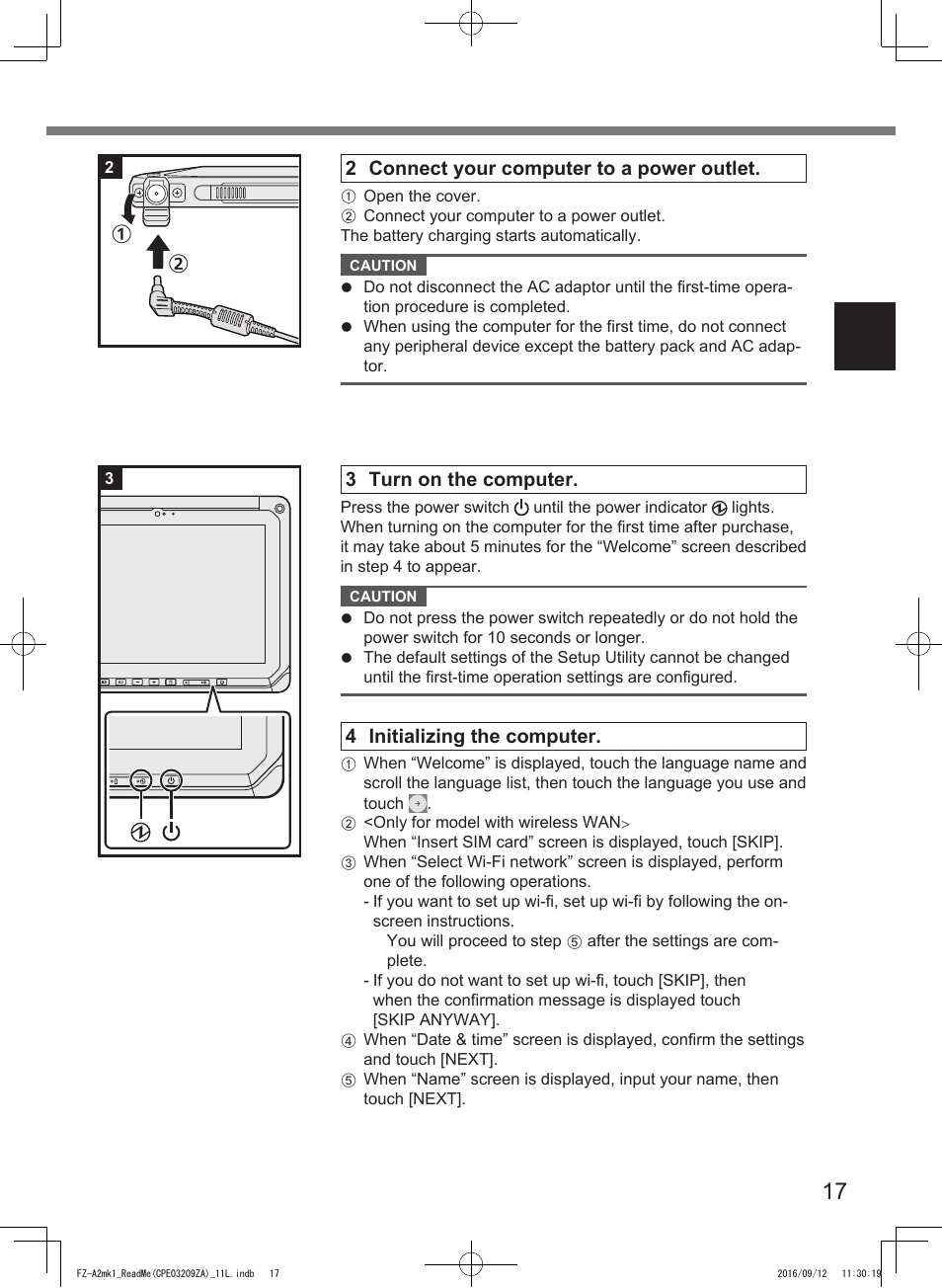 2 connect your computer to a power outlet, 3 turn on the computer, 4 initializing the computer | Panasonic Toughpad FZ-A2 User Manual | Page 17 / 172