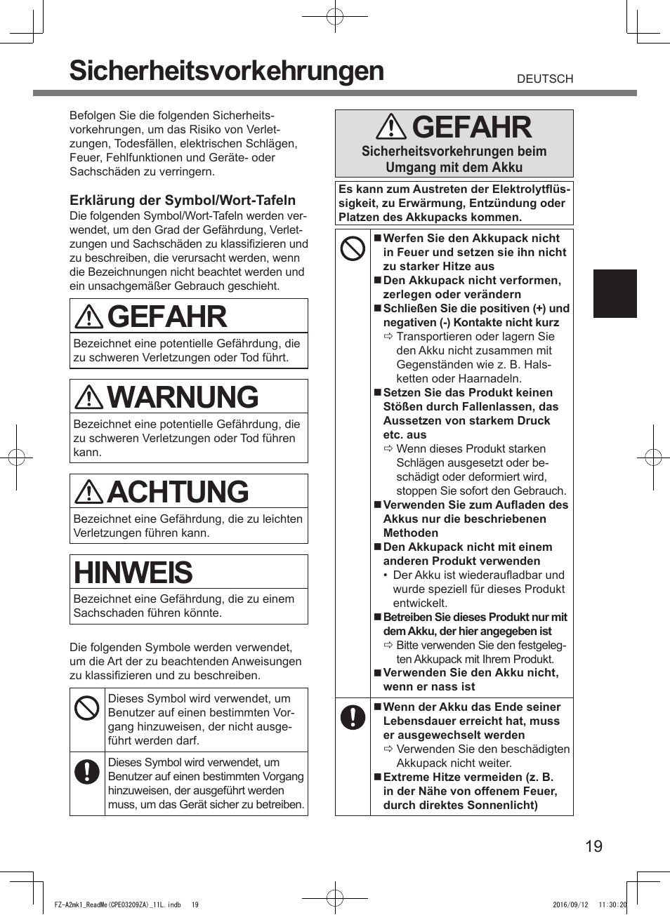 Gefahr, Warnung, Achtung | Hinweis, Sicherheitsvorkehrungen | Panasonic Toughpad FZ-A2 User Manual | Page 19 / 172