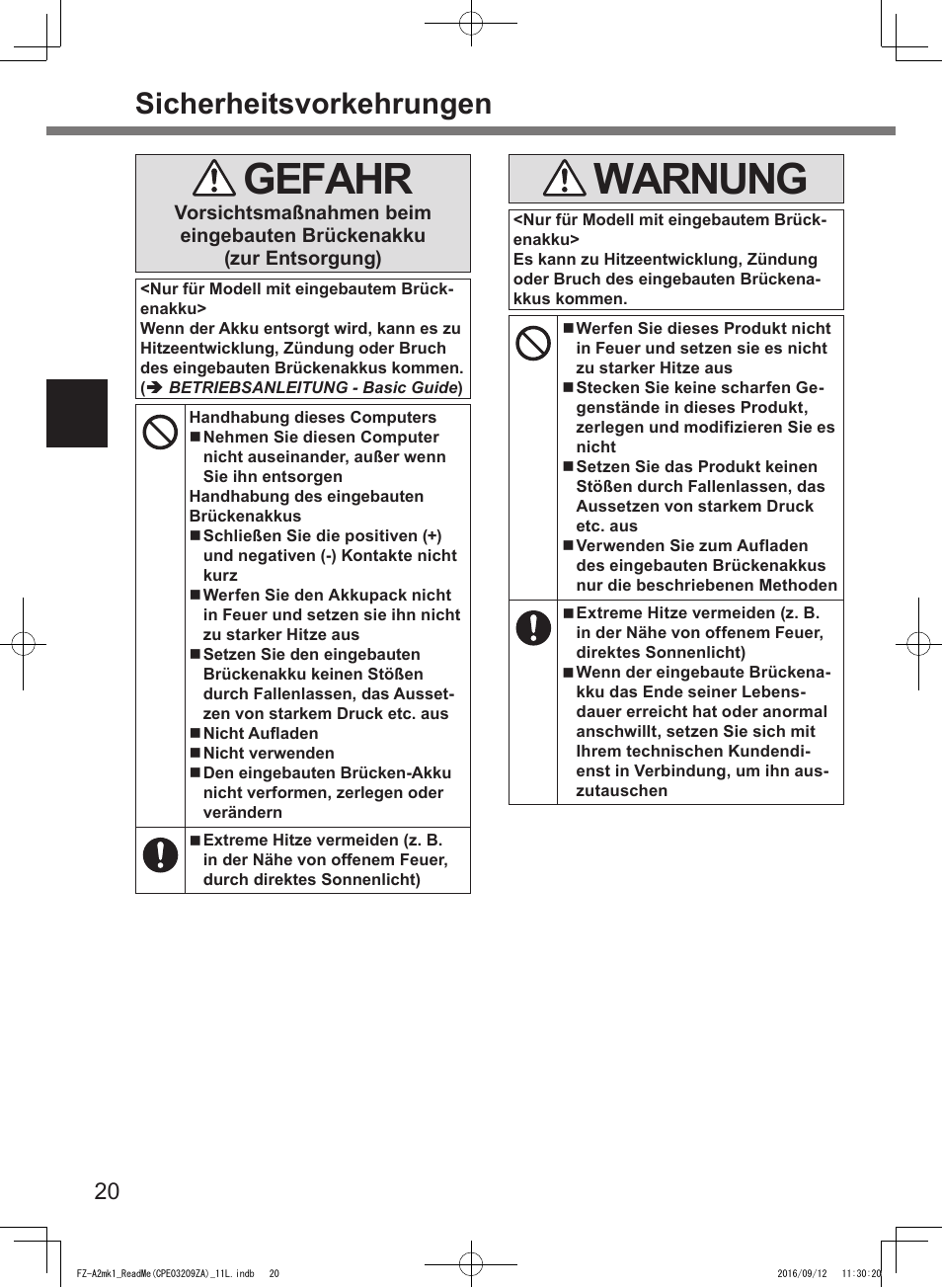 Gefahr, Warnung, Sicherheitsvorkehrungen | Panasonic Toughpad FZ-A2 User Manual | Page 20 / 172