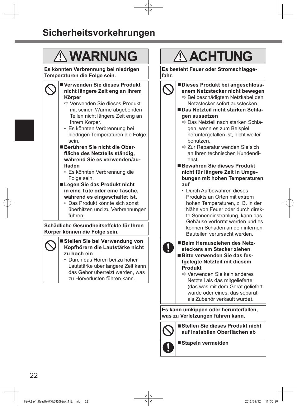 Warnung, Achtung, Sicherheitsvorkehrungen | Panasonic Toughpad FZ-A2 User Manual | Page 22 / 172