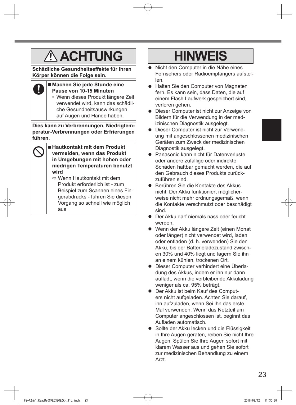 Achtung, Hinweis | Panasonic Toughpad FZ-A2 User Manual | Page 23 / 172