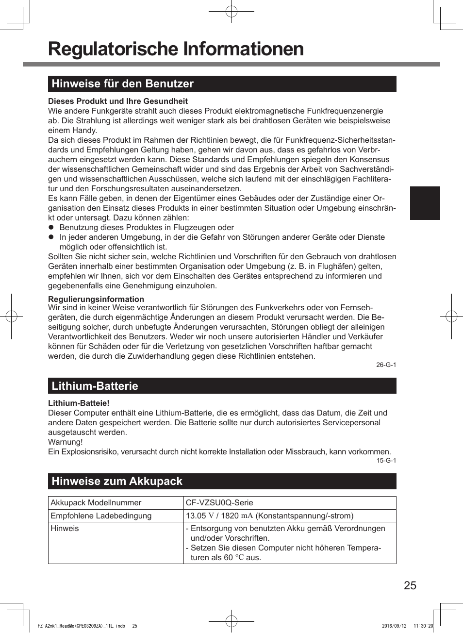 Regulatorische informationen, 25 hinweise für den benutzer, Lithium-batterie | Hinweise zum akkupack | Panasonic Toughpad FZ-A2 User Manual | Page 25 / 172