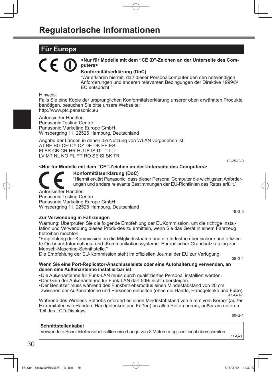 Regulatorische informationen, Für europa | Panasonic Toughpad FZ-A2 User Manual | Page 30 / 172