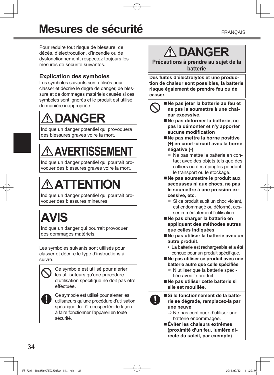 Danger, Avertissement, Attention | Avis, Mesures de sécurité | Panasonic Toughpad FZ-A2 User Manual | Page 34 / 172