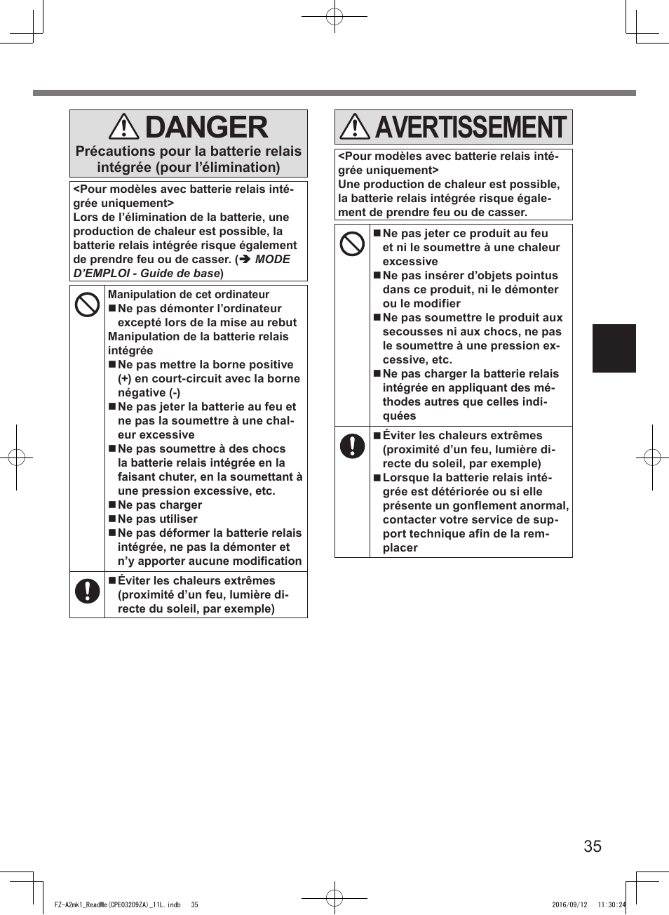 Danger, Avertissement | Panasonic Toughpad FZ-A2 User Manual | Page 35 / 172