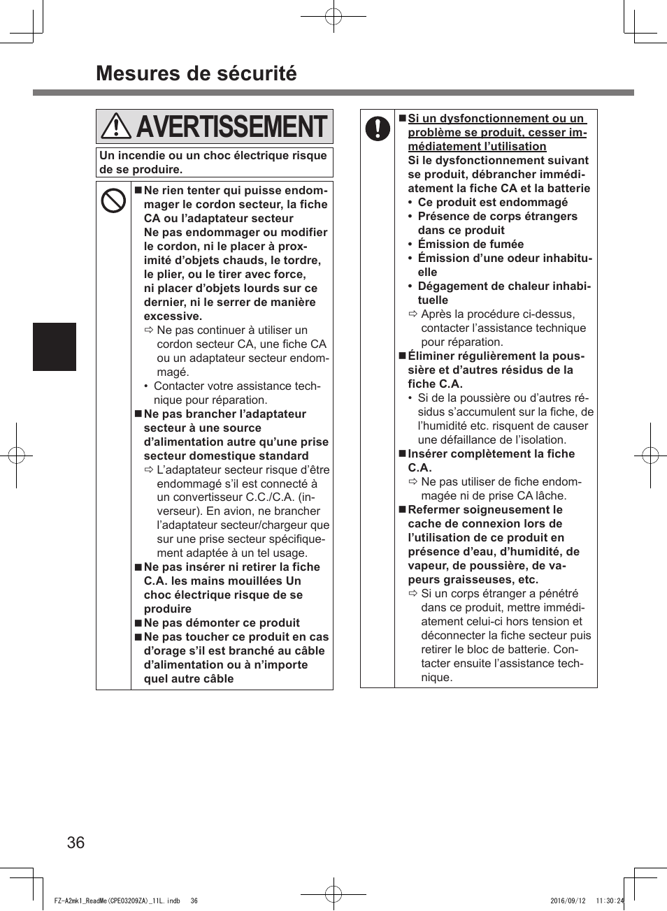 Avertissement, Mesures de sécurité | Panasonic Toughpad FZ-A2 User Manual | Page 36 / 172