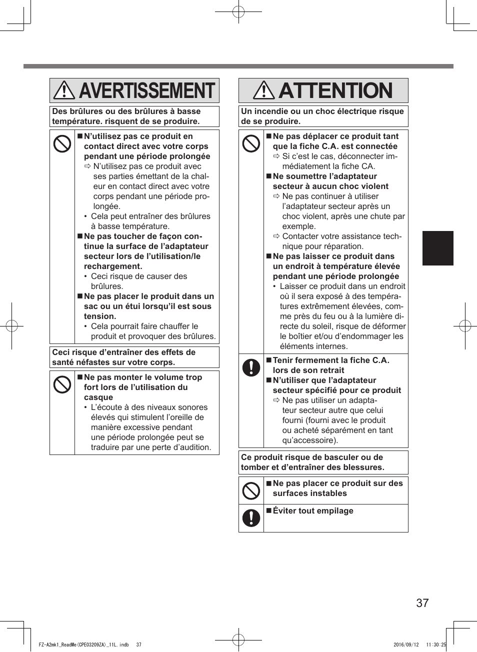 Avertissement, Attention | Panasonic Toughpad FZ-A2 User Manual | Page 37 / 172