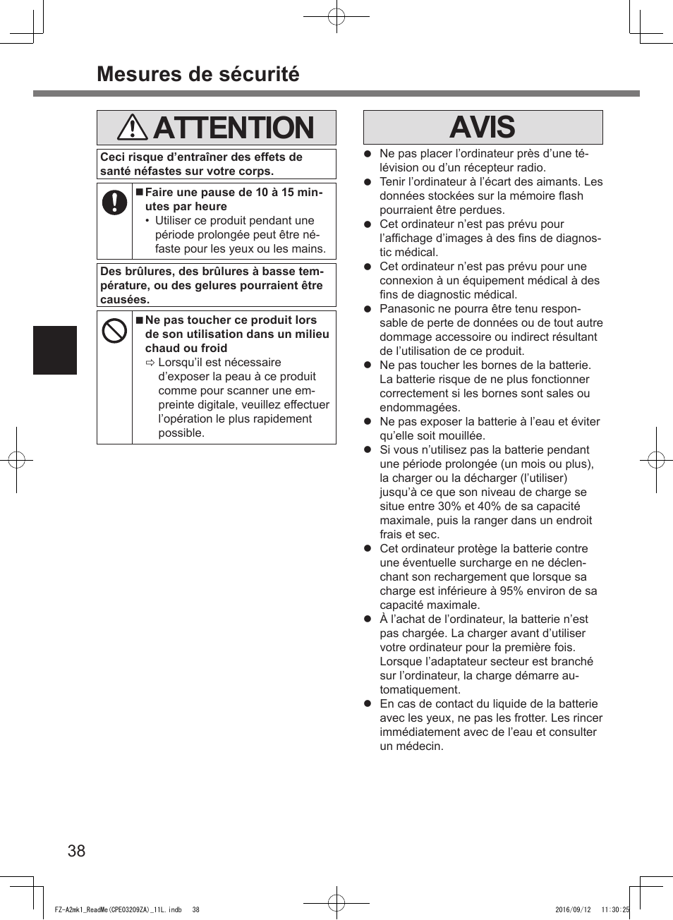 Attention, Avis, Mesures de sécurité | Panasonic Toughpad FZ-A2 User Manual | Page 38 / 172