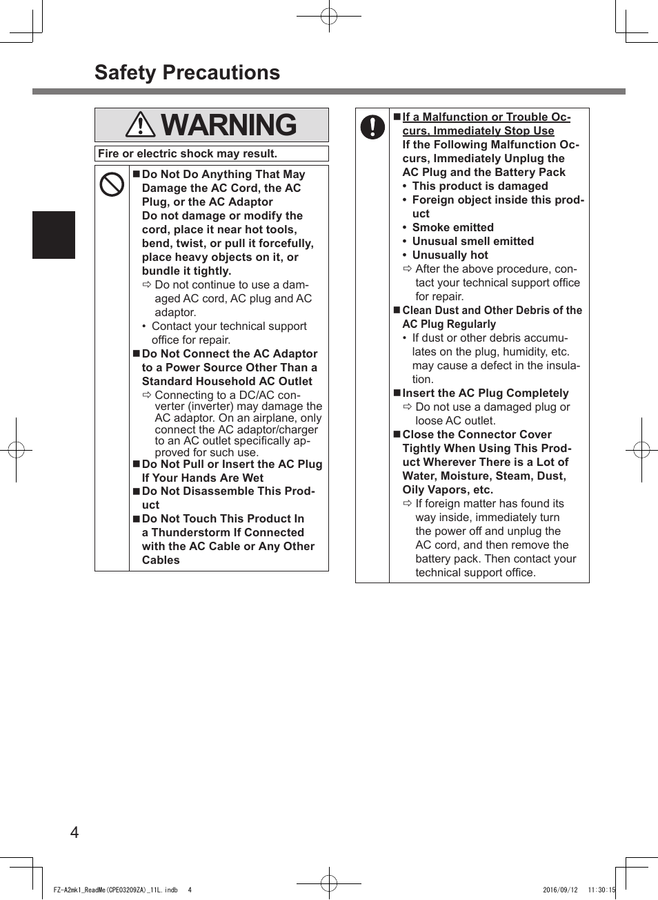 Warning, Safety precautions | Panasonic Toughpad FZ-A2 User Manual | Page 4 / 172