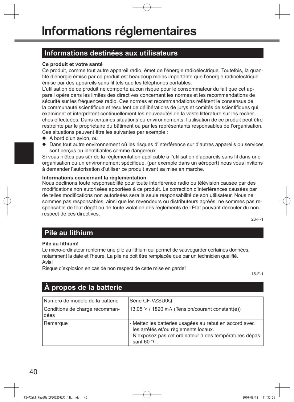 Informations réglementaires, 40 informations destinées aux utilisateurs, Pile au lithium | À propos de la batterie | Panasonic Toughpad FZ-A2 User Manual | Page 40 / 172