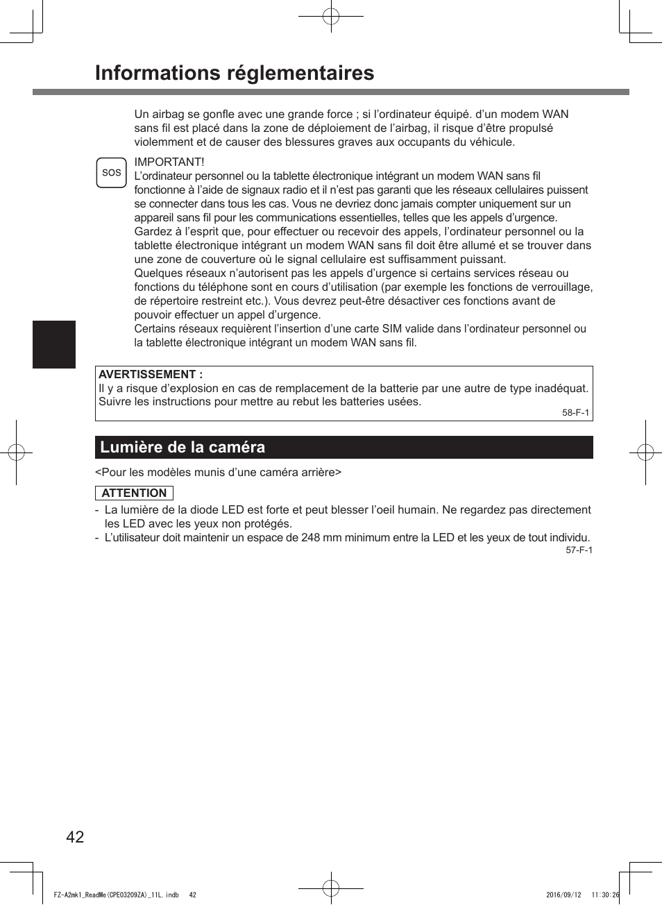 Informations réglementaires, Lumière de la caméra | Panasonic Toughpad FZ-A2 User Manual | Page 42 / 172