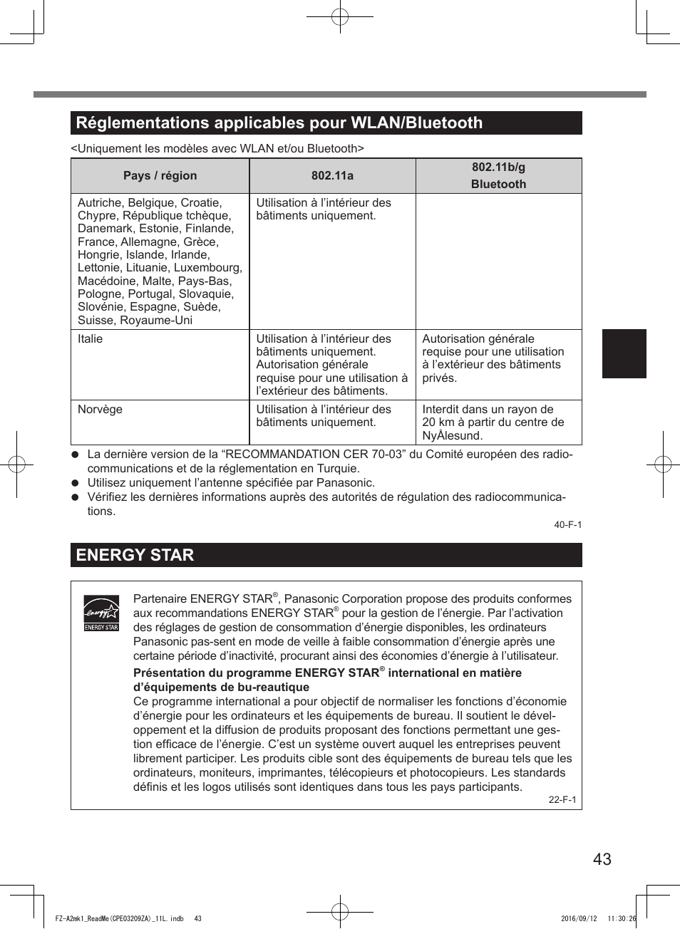 43 réglementations applicables pour wlan/bluetooth, Energy star | Panasonic Toughpad FZ-A2 User Manual | Page 43 / 172