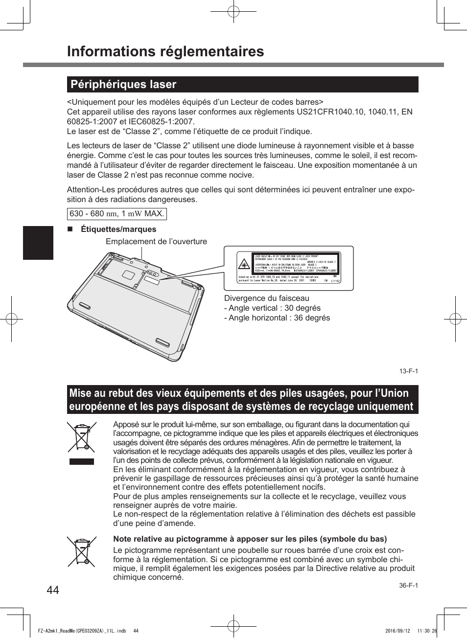 Informations réglementaires, Périphériques laser | Panasonic Toughpad FZ-A2 User Manual | Page 44 / 172