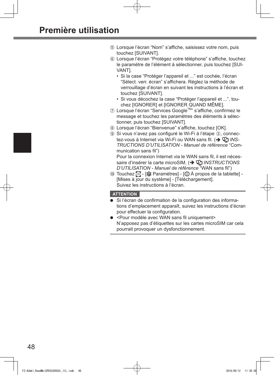 Première utilisation | Panasonic Toughpad FZ-A2 User Manual | Page 48 / 172