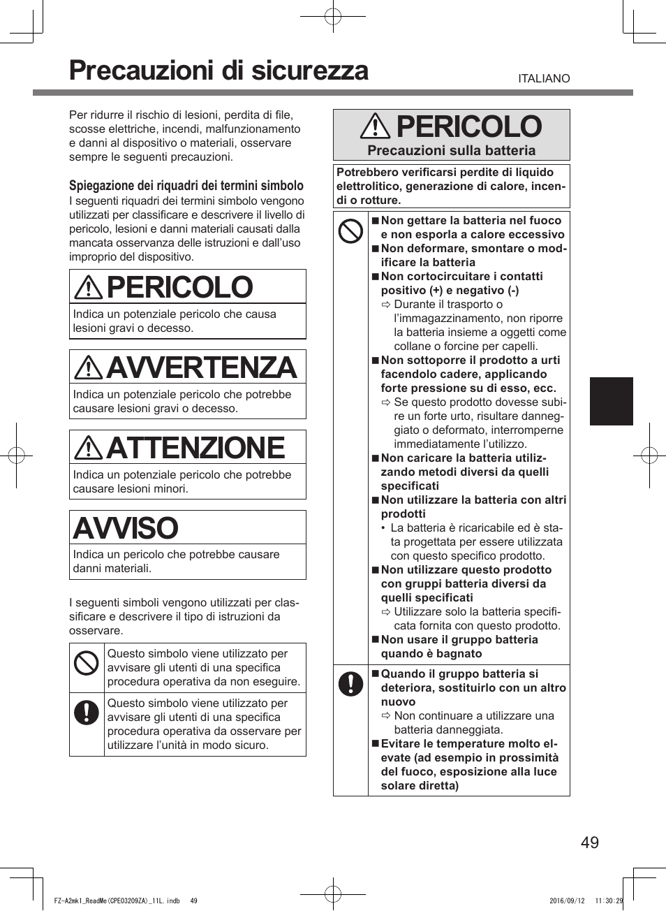Pericolo, Avvertenza, Attenzione | Avviso, Precauzioni di sicurezza | Panasonic Toughpad FZ-A2 User Manual | Page 49 / 172