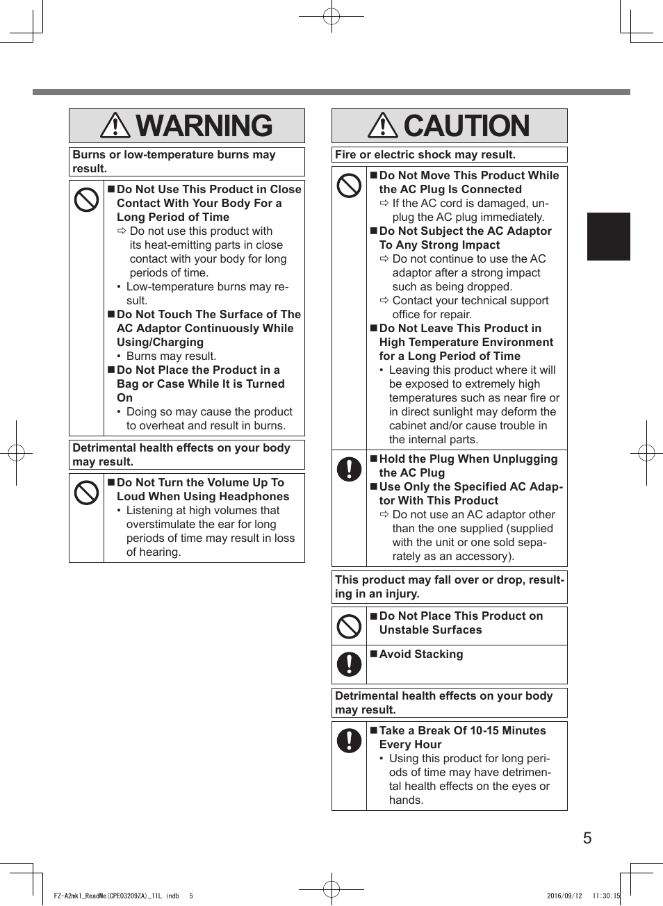 Warning, Caution | Panasonic Toughpad FZ-A2 User Manual | Page 5 / 172