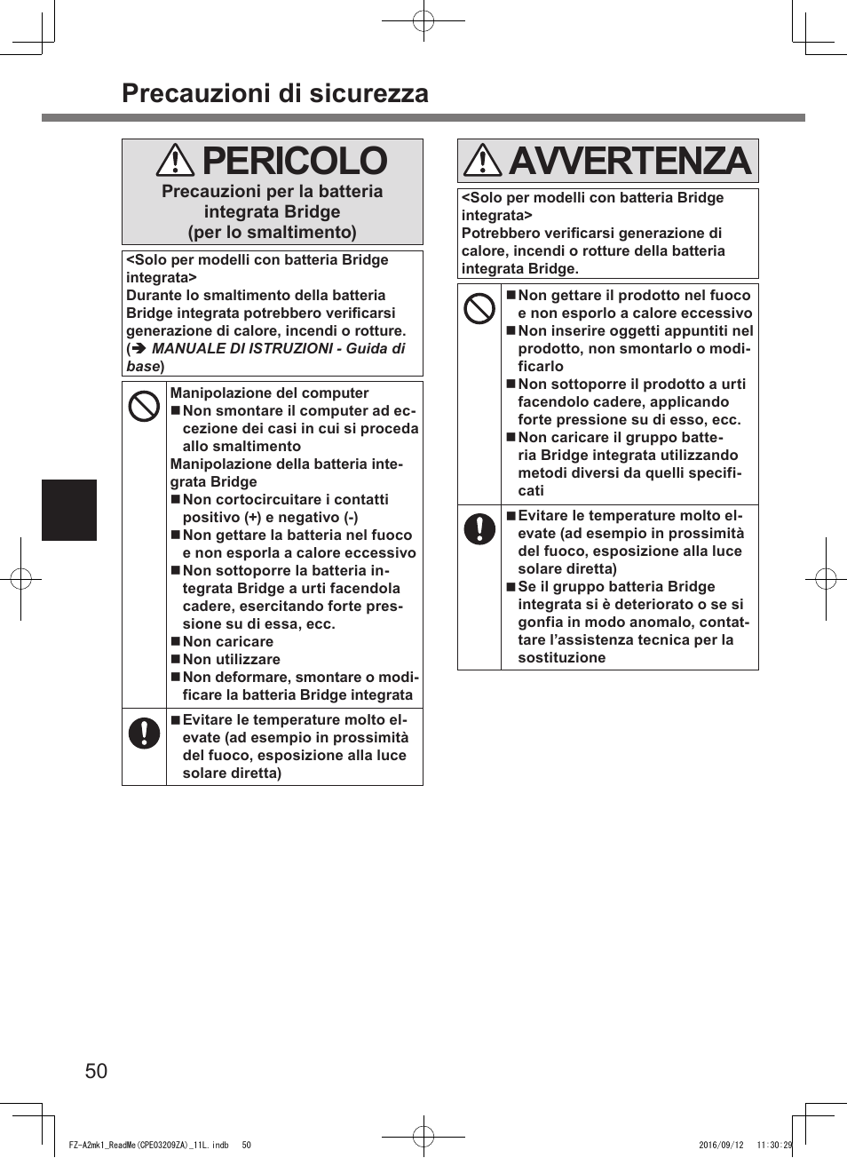 Pericolo, Avvertenza, Precauzioni di sicurezza | Panasonic Toughpad FZ-A2 User Manual | Page 50 / 172