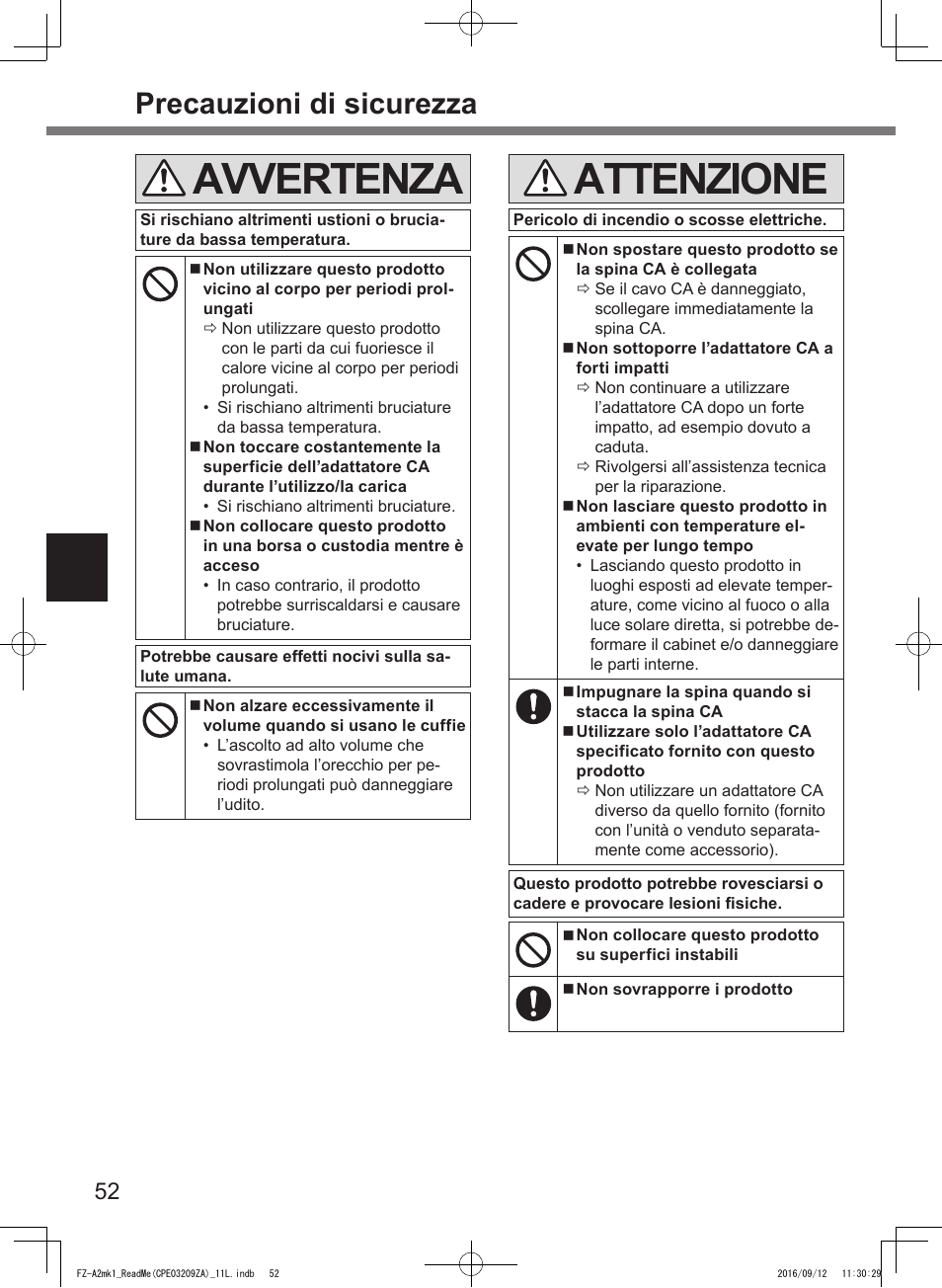 Avvertenza, Attenzione, Precauzioni di sicurezza | Panasonic Toughpad FZ-A2 User Manual | Page 52 / 172