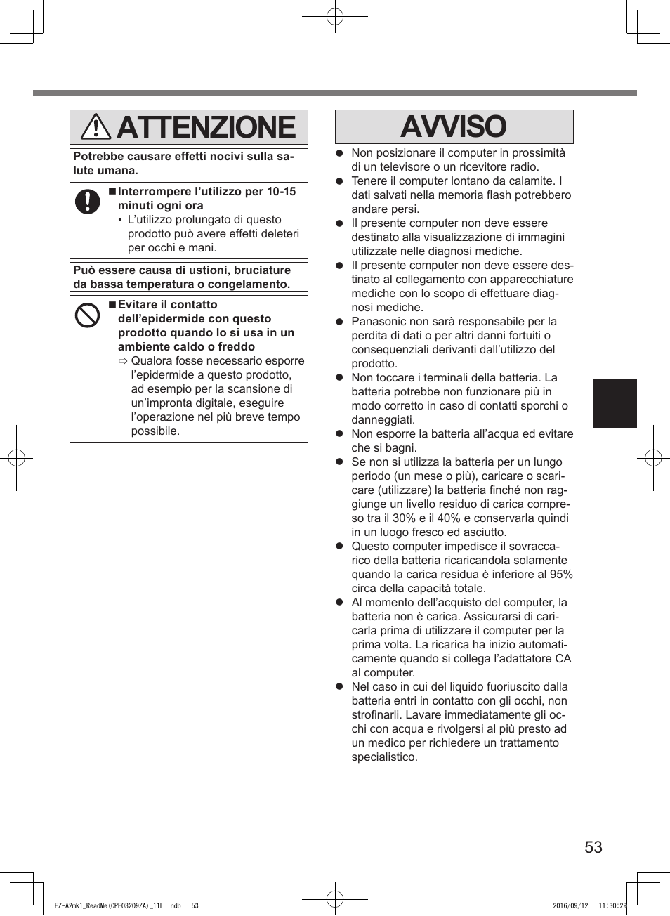 Attenzione, Avviso | Panasonic Toughpad FZ-A2 User Manual | Page 53 / 172