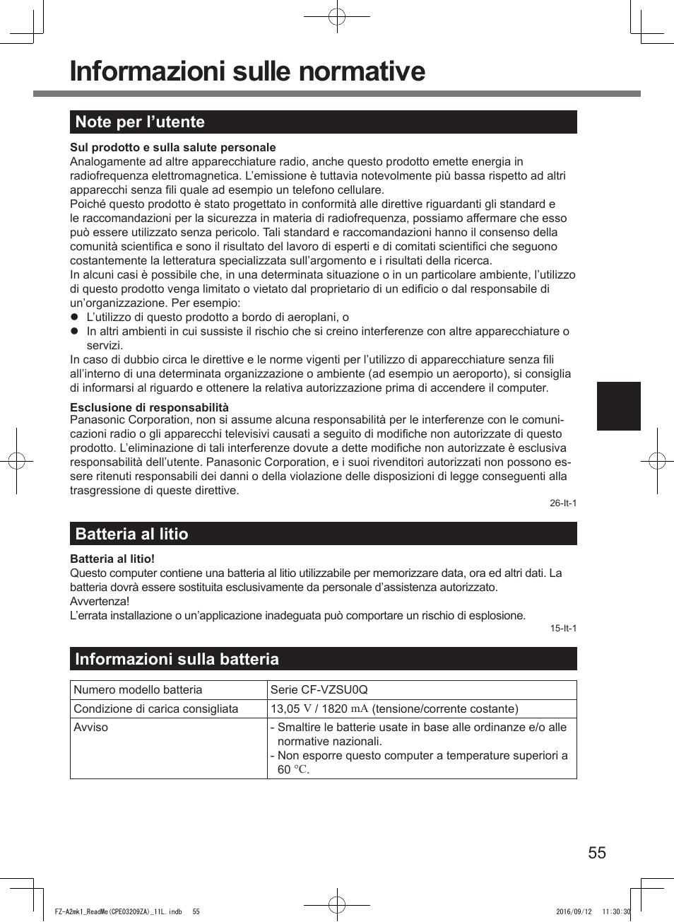 Informazioni sulle normative, Batteria al litio, Informazioni sulla batteria | Panasonic Toughpad FZ-A2 User Manual | Page 55 / 172