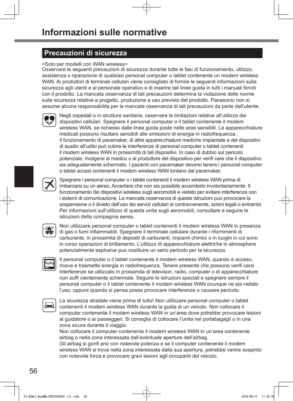 Informazioni sulle normative, Precauzioni di sicurezza | Panasonic Toughpad FZ-A2 User Manual | Page 56 / 172