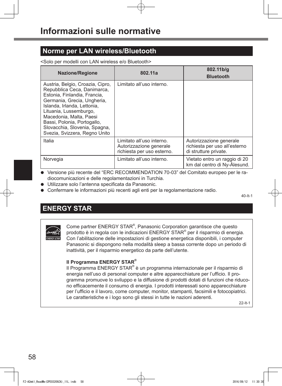 Informazioni sulle normative, Norme per lan wireless/bluetooth, Energy star | Panasonic Toughpad FZ-A2 User Manual | Page 58 / 172