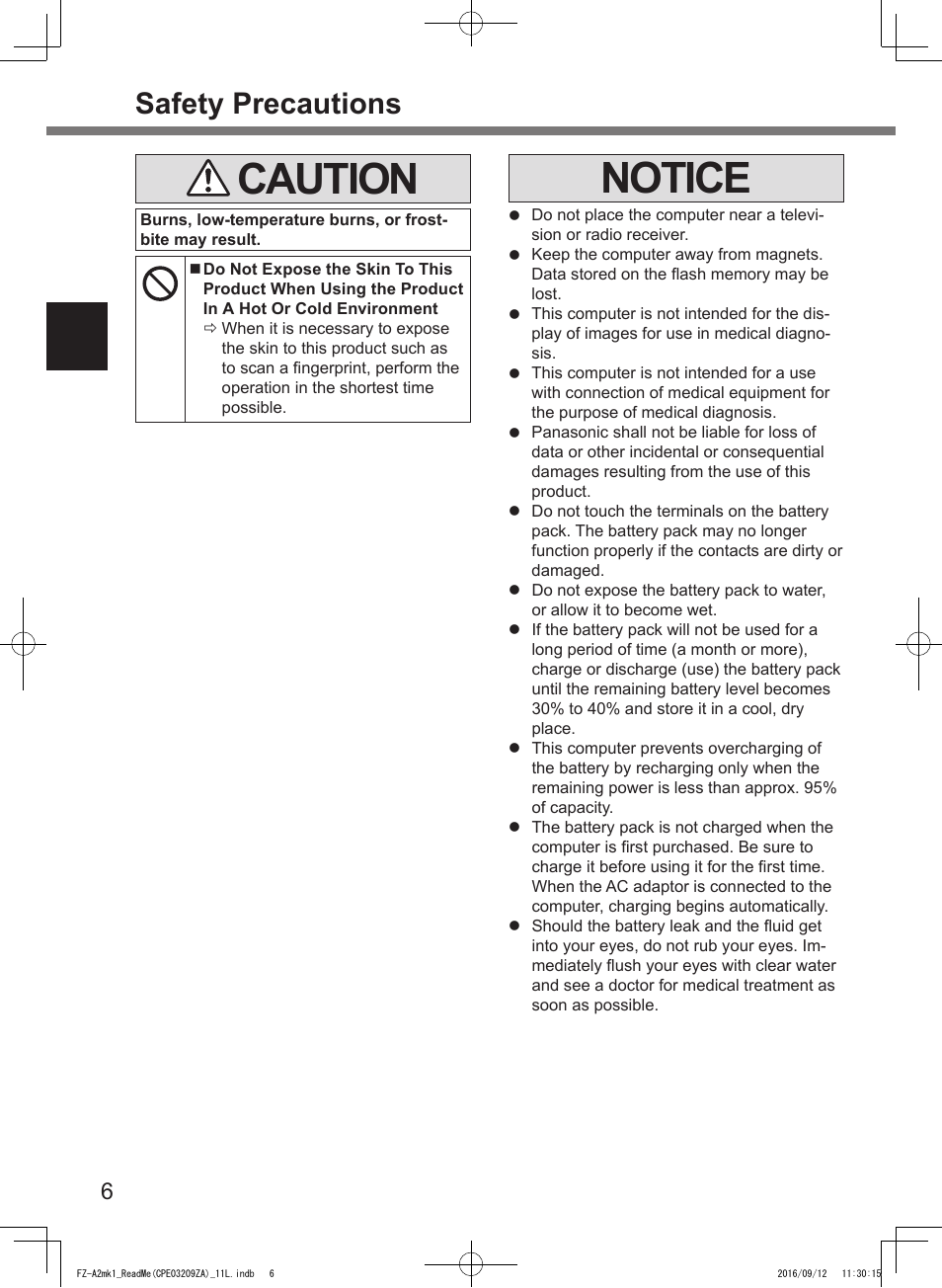 Caution, Notice, Safety precautions | Panasonic Toughpad FZ-A2 User Manual | Page 6 / 172