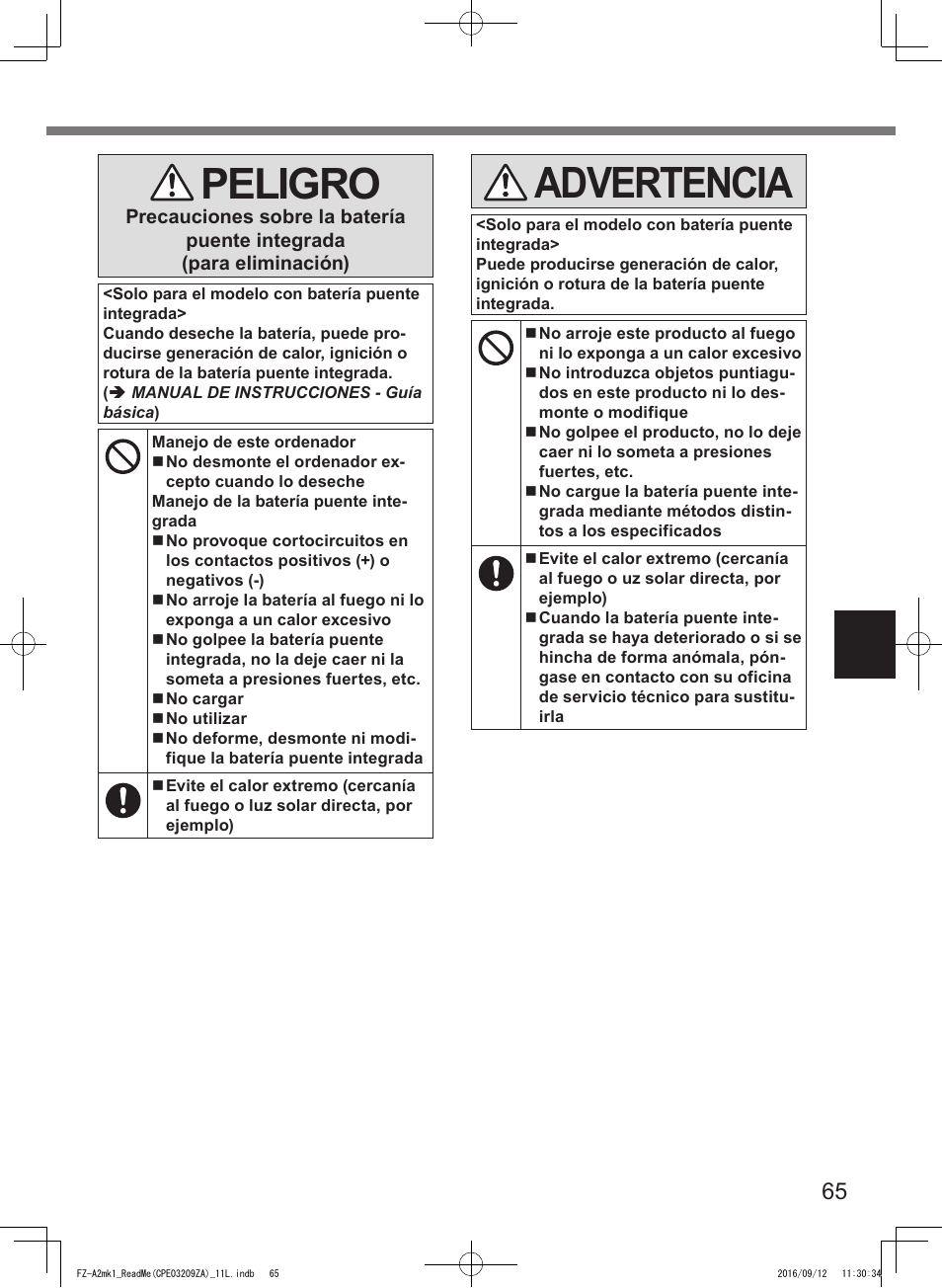 Peligro, Advertencia | Panasonic Toughpad FZ-A2 User Manual | Page 65 / 172