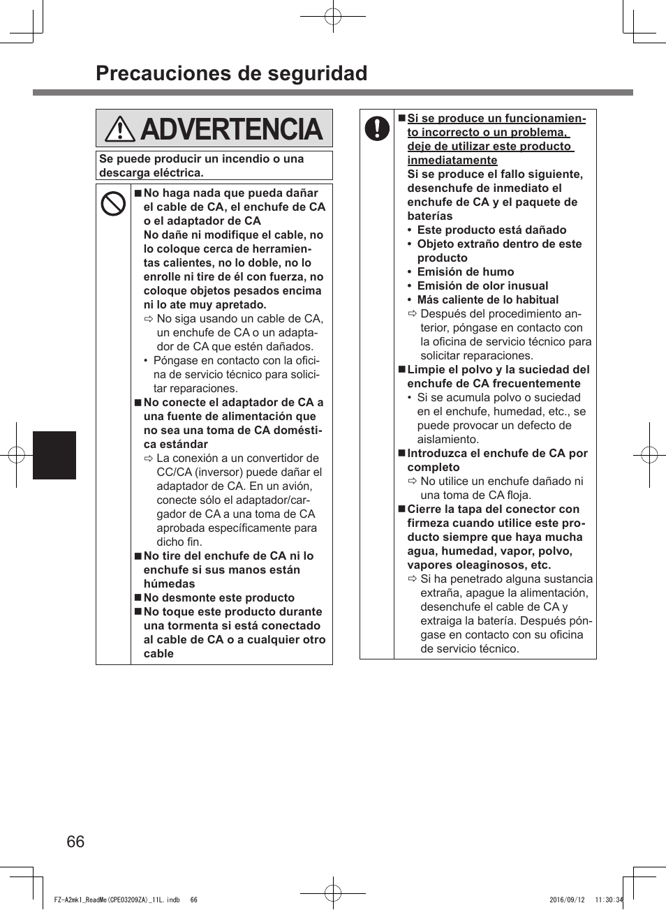 Advertencia, Precauciones de seguridad | Panasonic Toughpad FZ-A2 User Manual | Page 66 / 172