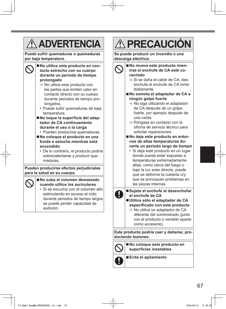 Advertencia, Precaución | Panasonic Toughpad FZ-A2 User Manual | Page 67 / 172