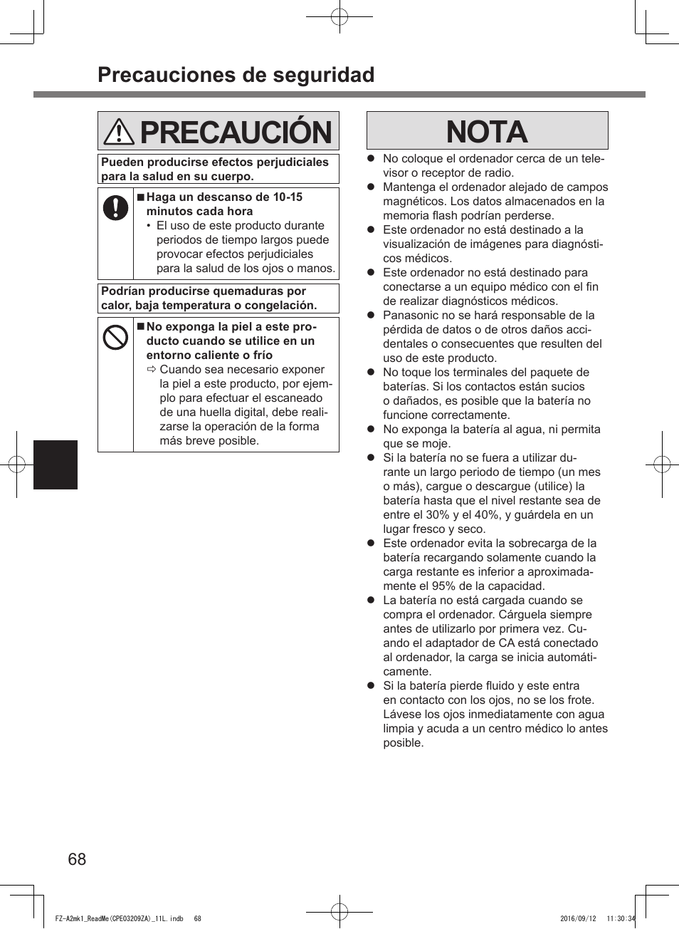 Precaución, Nota, Precauciones de seguridad | Panasonic Toughpad FZ-A2 User Manual | Page 68 / 172