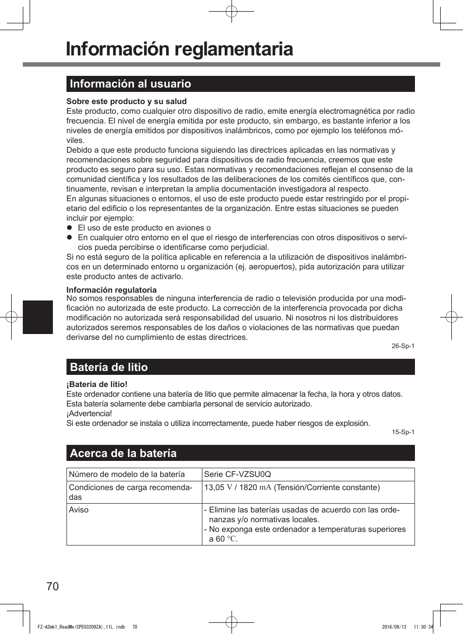 Información reglamentaria, 70 información al usuario, Batería de litio | Acerca de la batería | Panasonic Toughpad FZ-A2 User Manual | Page 70 / 172