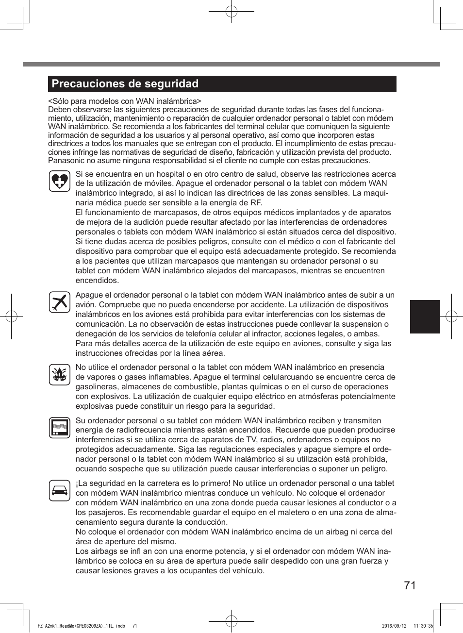 71 precauciones de seguridad | Panasonic Toughpad FZ-A2 User Manual | Page 71 / 172