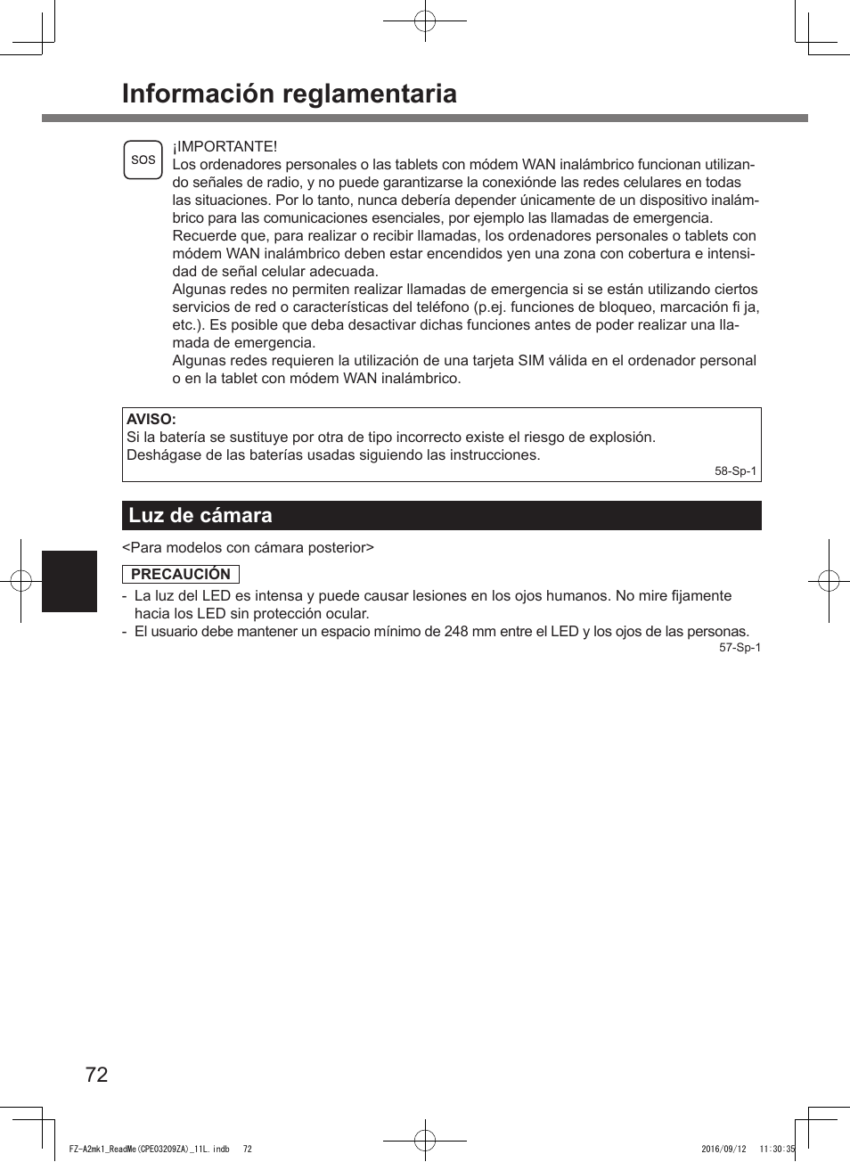 Información reglamentaria, Luz de cámara | Panasonic Toughpad FZ-A2 User Manual | Page 72 / 172