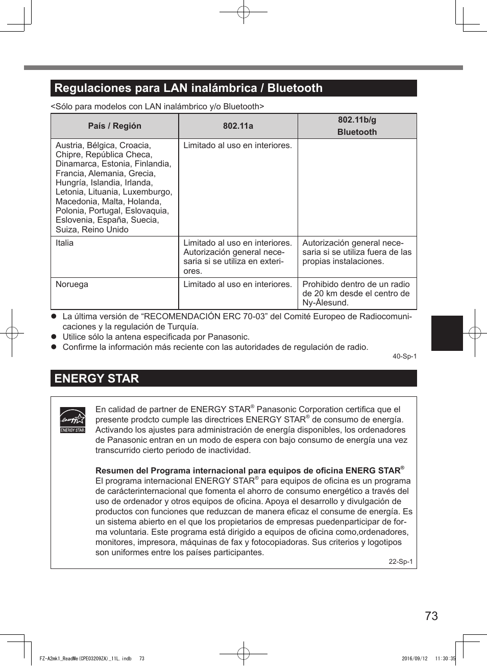 73 regulaciones para lan inalámbrica / bluetooth, Energy star | Panasonic Toughpad FZ-A2 User Manual | Page 73 / 172