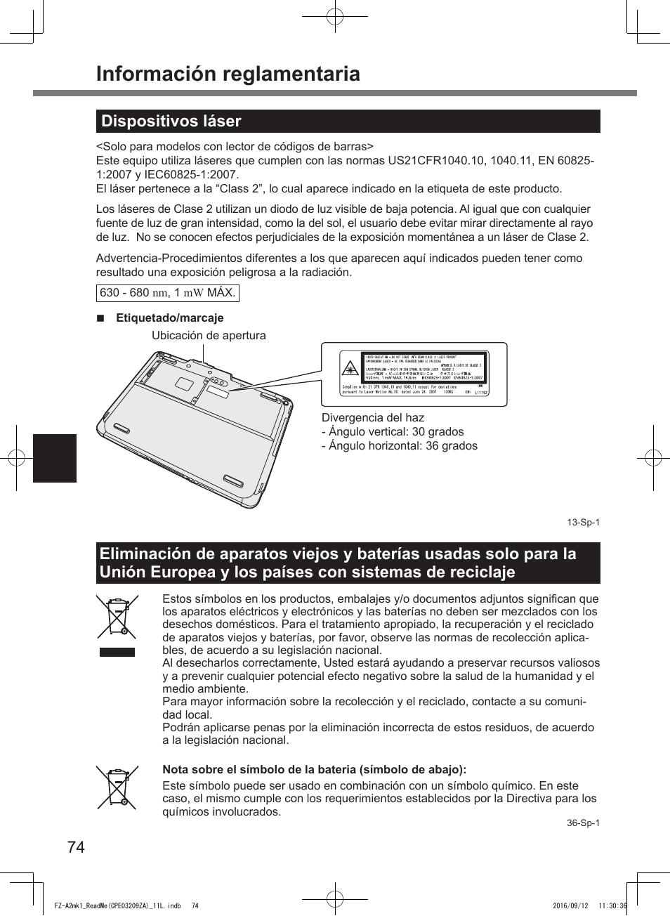 Información reglamentaria, Dispositivos láser | Panasonic Toughpad FZ-A2 User Manual | Page 74 / 172