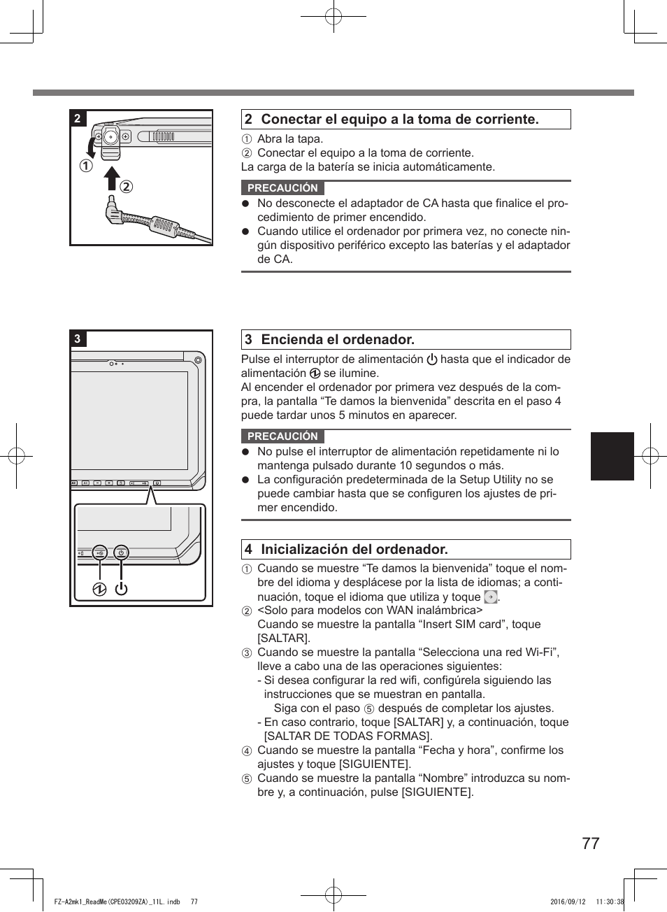 2 conectar el equipo a la toma de corriente, 3 encienda el ordenador, 4 inicialización del ordenador | Panasonic Toughpad FZ-A2 User Manual | Page 77 / 172