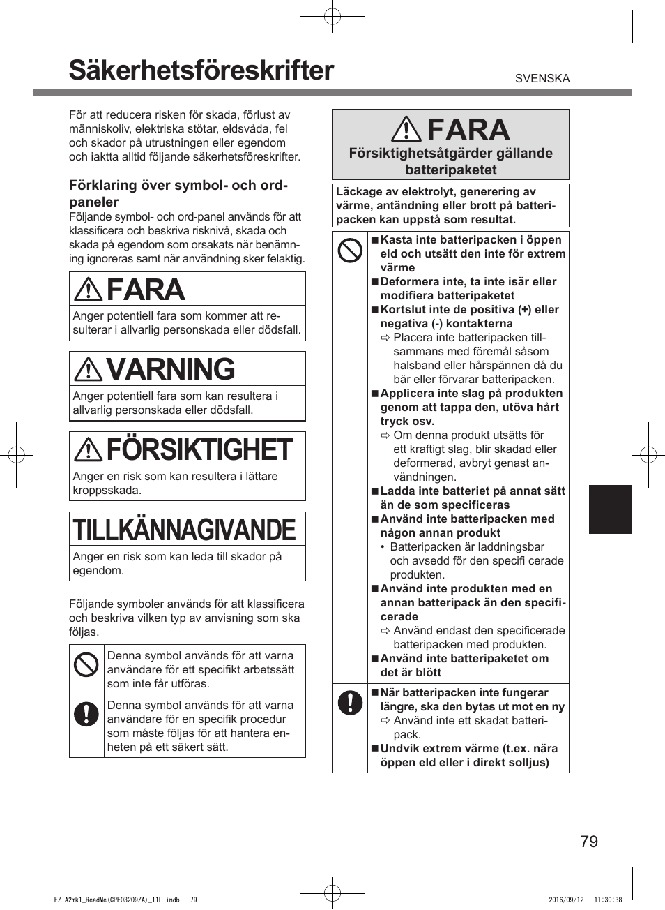 Fara, Varning, Försiktighet | Tillkännagivande, Säkerhetsföreskrifter | Panasonic Toughpad FZ-A2 User Manual | Page 79 / 172