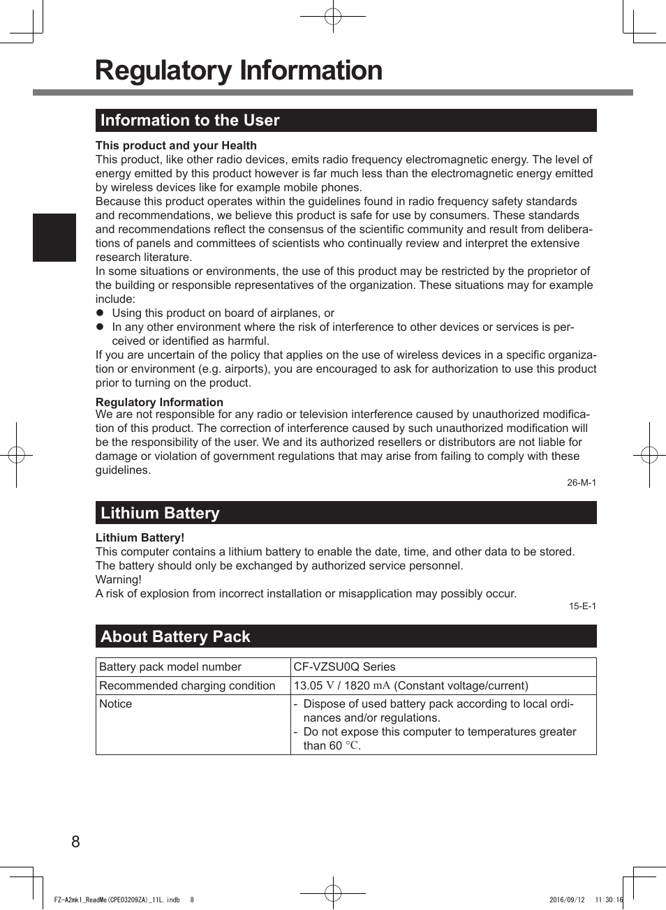 Regulatory information, 8information to the user, Lithium battery | About battery pack | Panasonic Toughpad FZ-A2 User Manual | Page 8 / 172