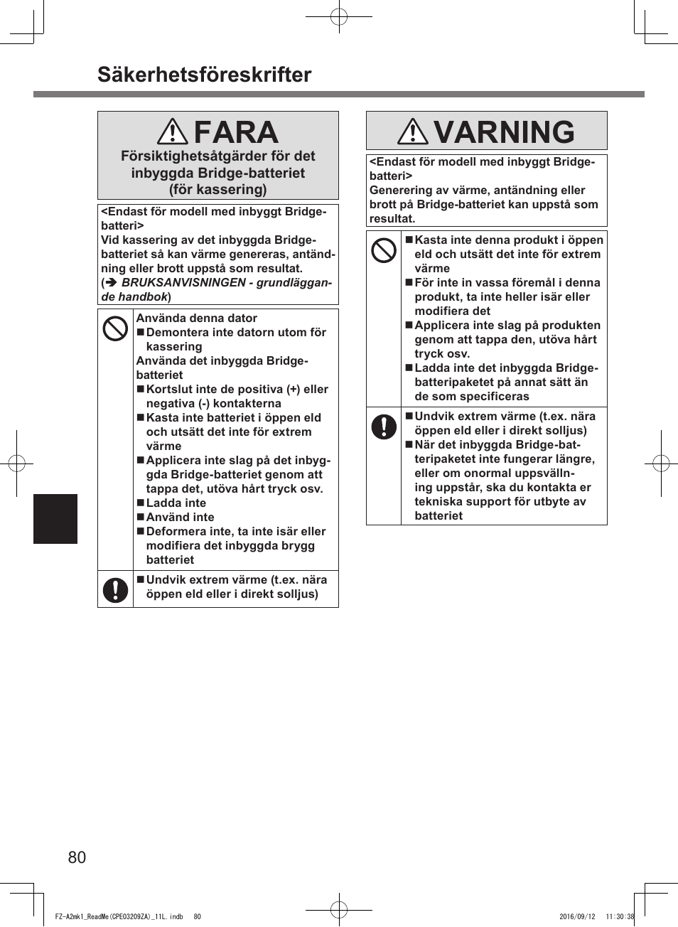 Fara, Varning, Säkerhetsföreskrifter | Panasonic Toughpad FZ-A2 User Manual | Page 80 / 172