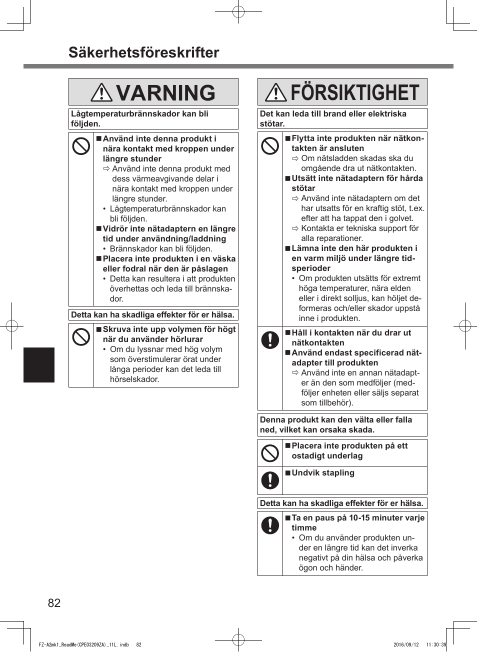 Varning, Försiktighet, Säkerhetsföreskrifter | Panasonic Toughpad FZ-A2 User Manual | Page 82 / 172