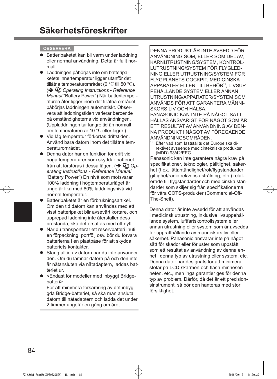 Säkerhetsföreskrifter | Panasonic Toughpad FZ-A2 User Manual | Page 84 / 172