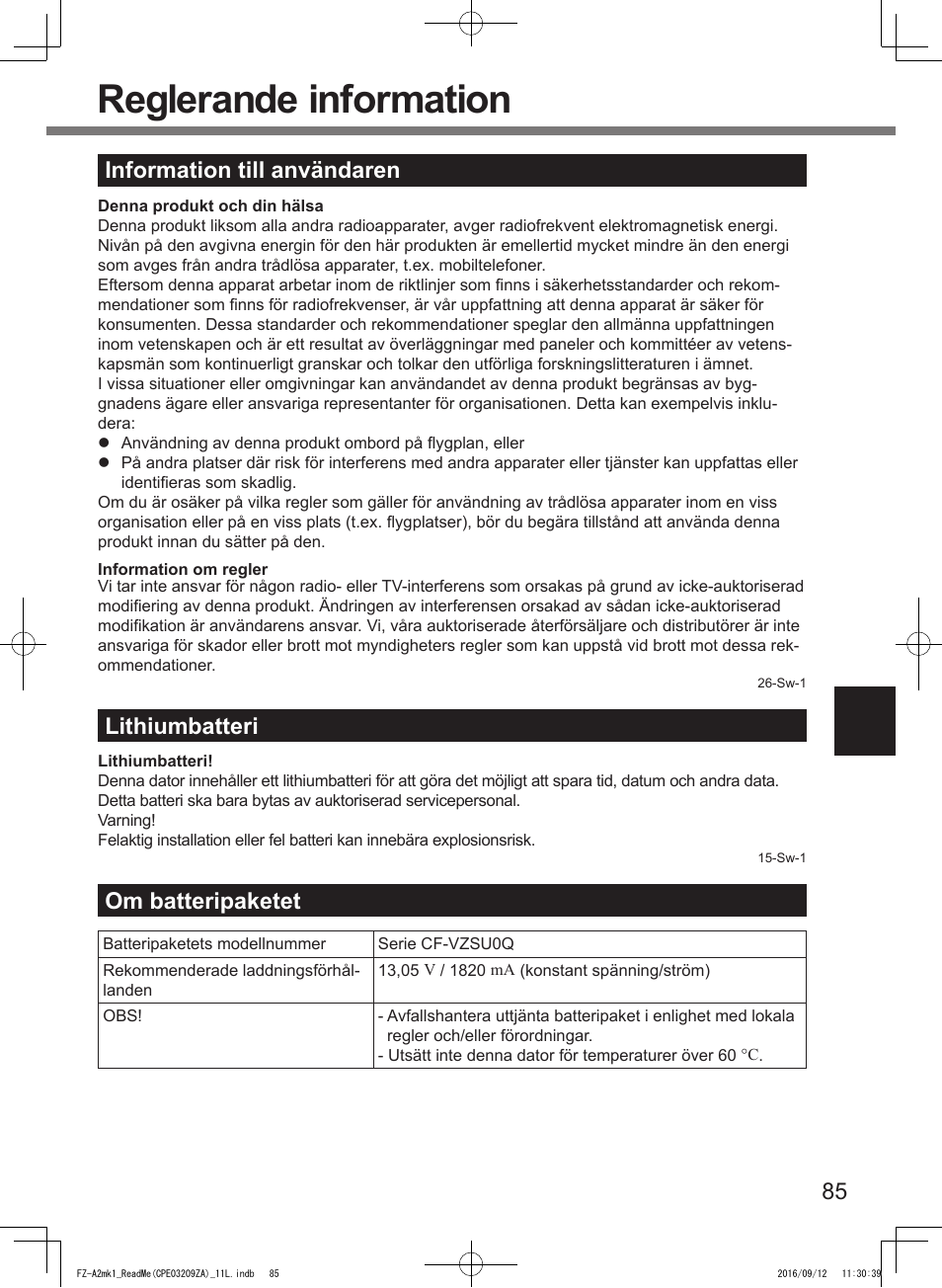 Reglerande information, 85 information till användaren, Lithiumbatteri | Om batteripaketet | Panasonic Toughpad FZ-A2 User Manual | Page 85 / 172