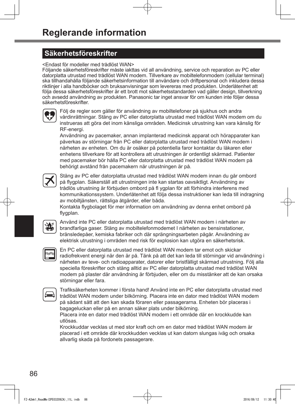 Reglerande information, Säkerhetsföreskrifter | Panasonic Toughpad FZ-A2 User Manual | Page 86 / 172