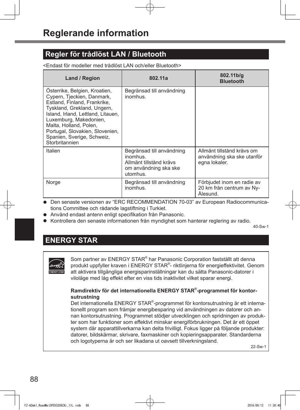 Reglerande information, Regler för trådlöst lan / bluetooth, Energy star | Panasonic Toughpad FZ-A2 User Manual | Page 88 / 172