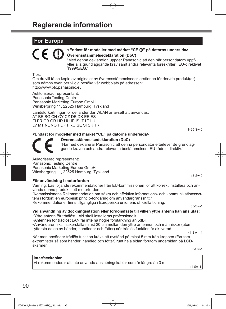 Reglerande information, För europa | Panasonic Toughpad FZ-A2 User Manual | Page 90 / 172