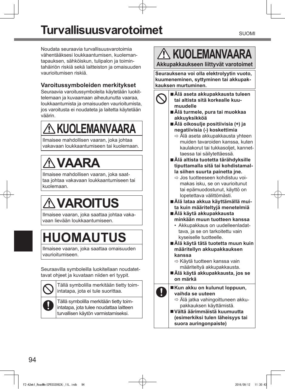 Kuolemanvaara, Vaara, Varoitus | Huomautus, Turvallisuusvarotoimet | Panasonic Toughpad FZ-A2 User Manual | Page 94 / 172