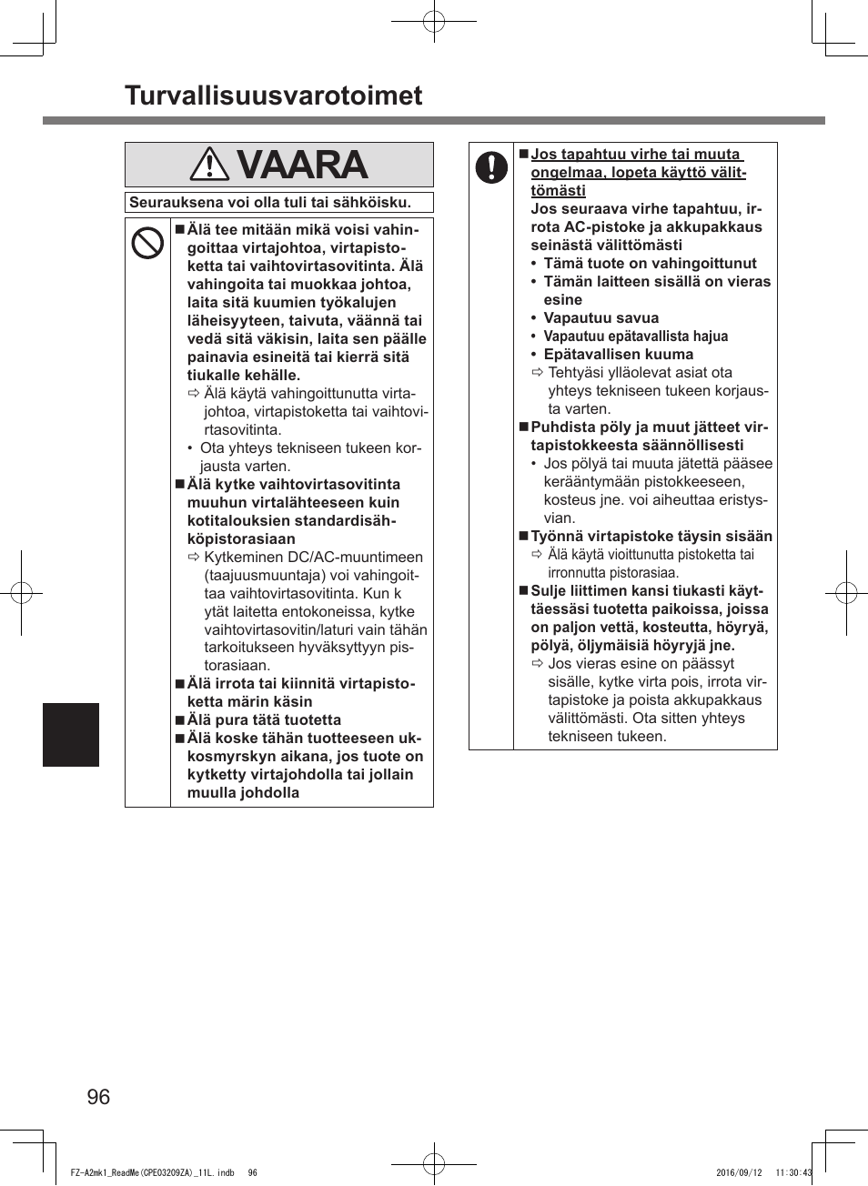 Vaara, Turvallisuusvarotoimet | Panasonic Toughpad FZ-A2 User Manual | Page 96 / 172